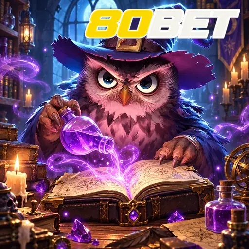 80BET — ilustração de uma coruja com livro mágico