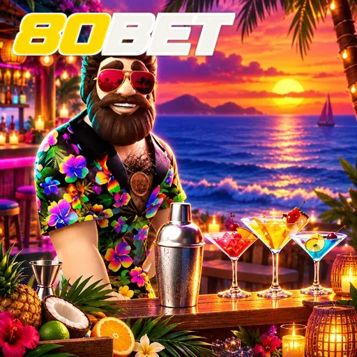 80BET — ilustração de um personagem em uma festa tropical